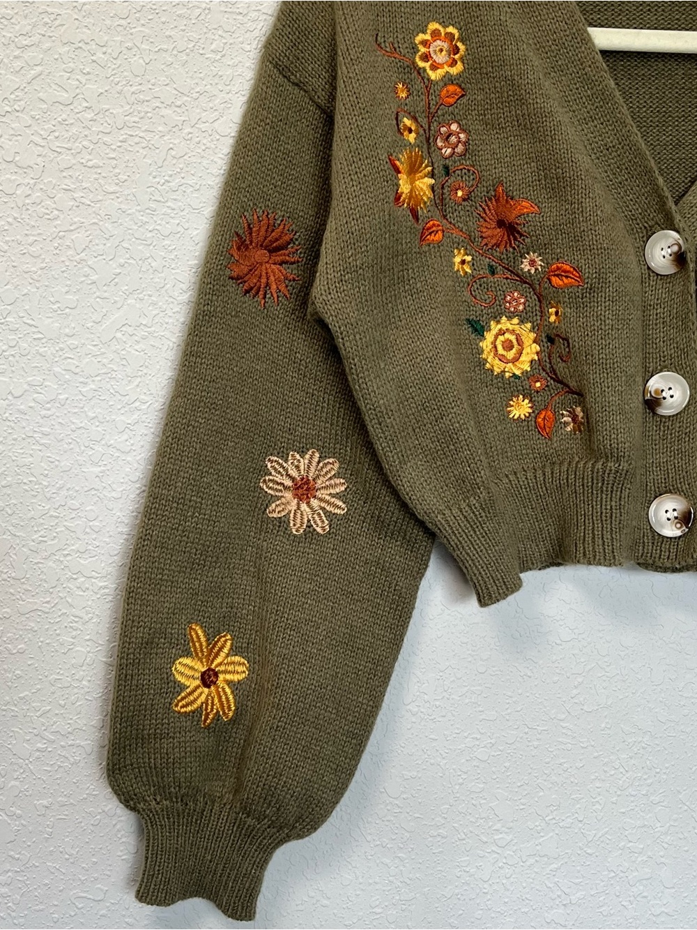 Green Cropped Floral Embroidered Cardigan womens small balloon sleeves grandma - Picture 3 of 9